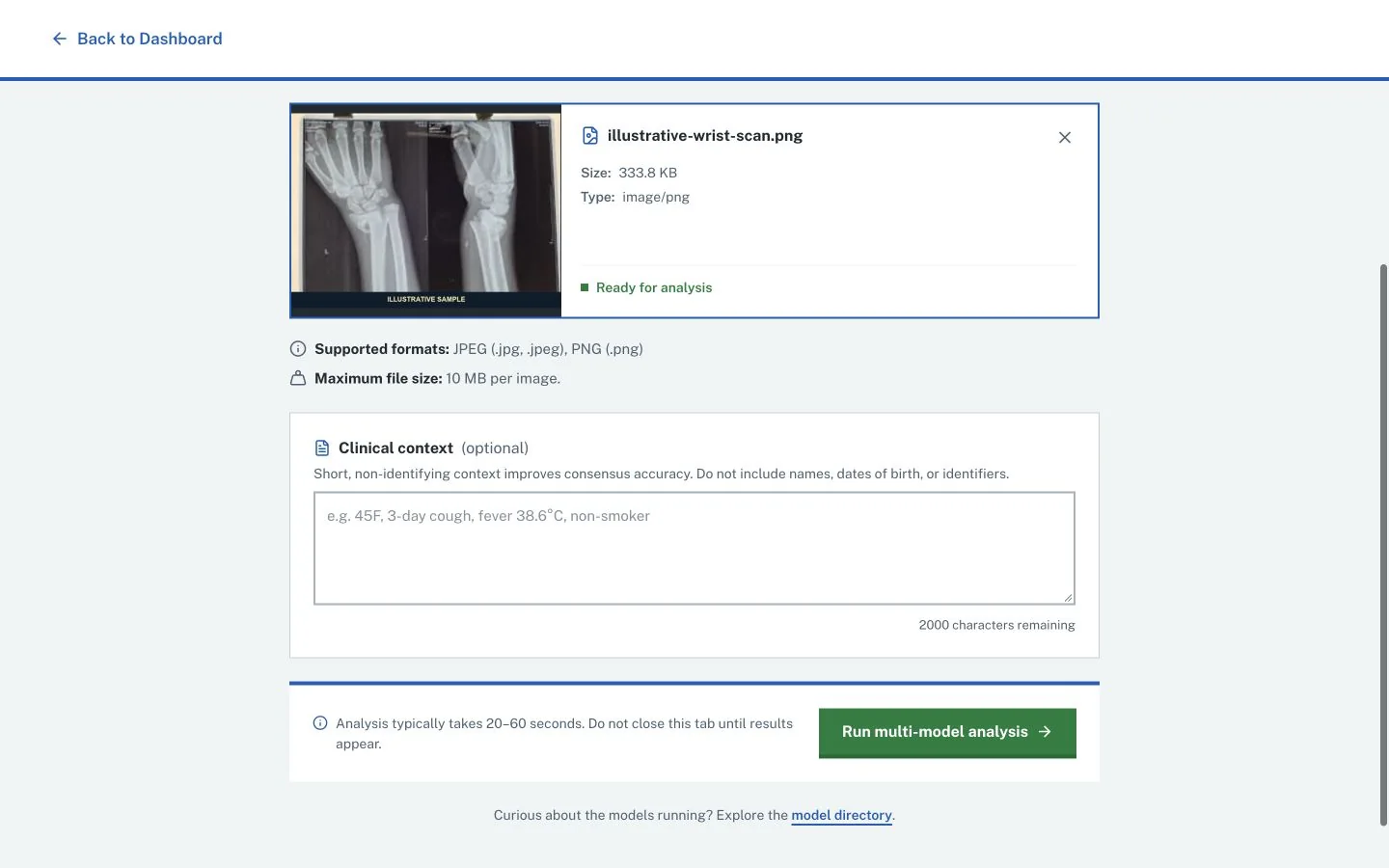 CLIFF local demo with a selected illustrative image ready for analysis
