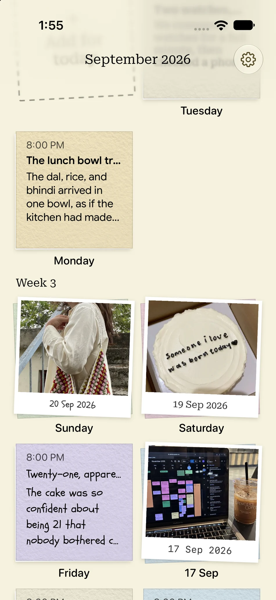 Dodo journal timeline with entries and photo memories
