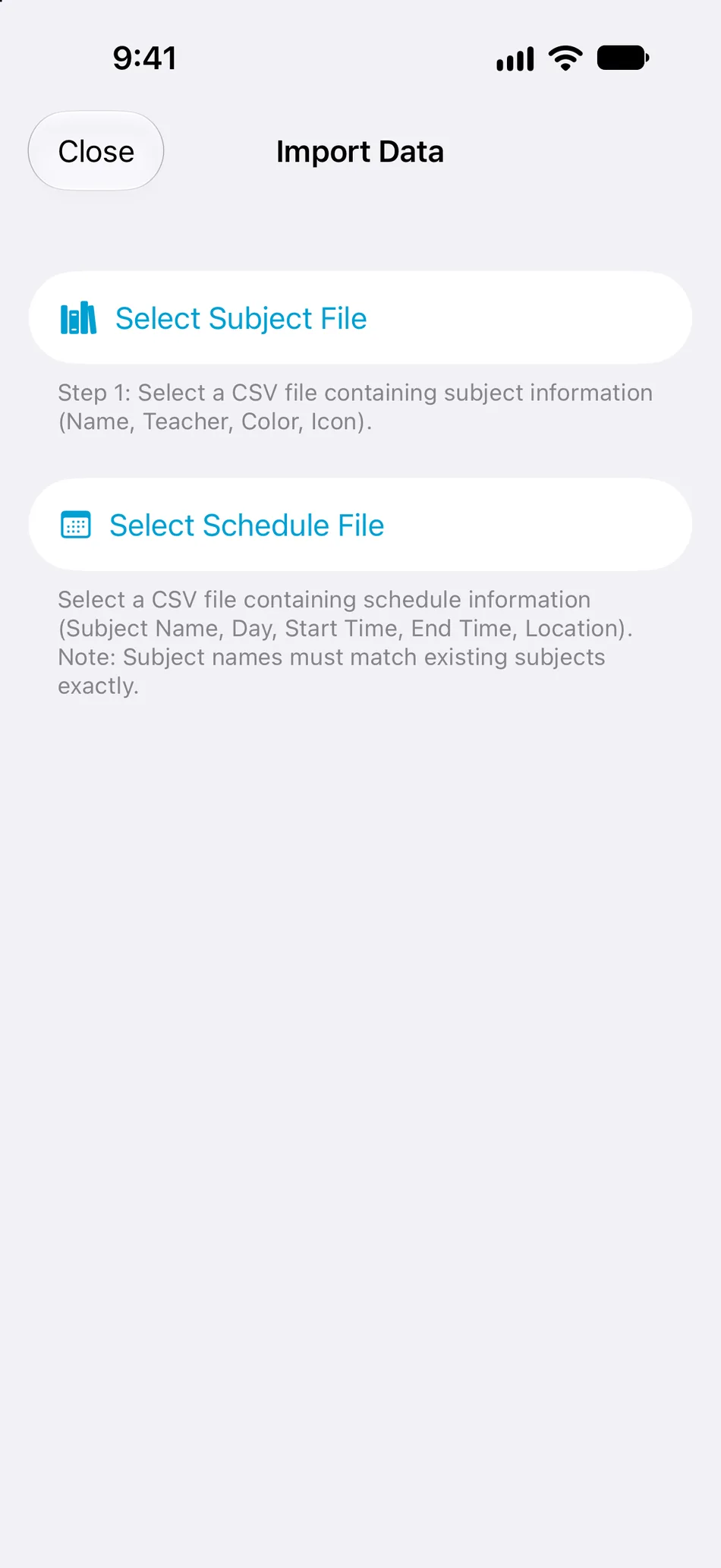 Eda CSV import options for subjects and schedules