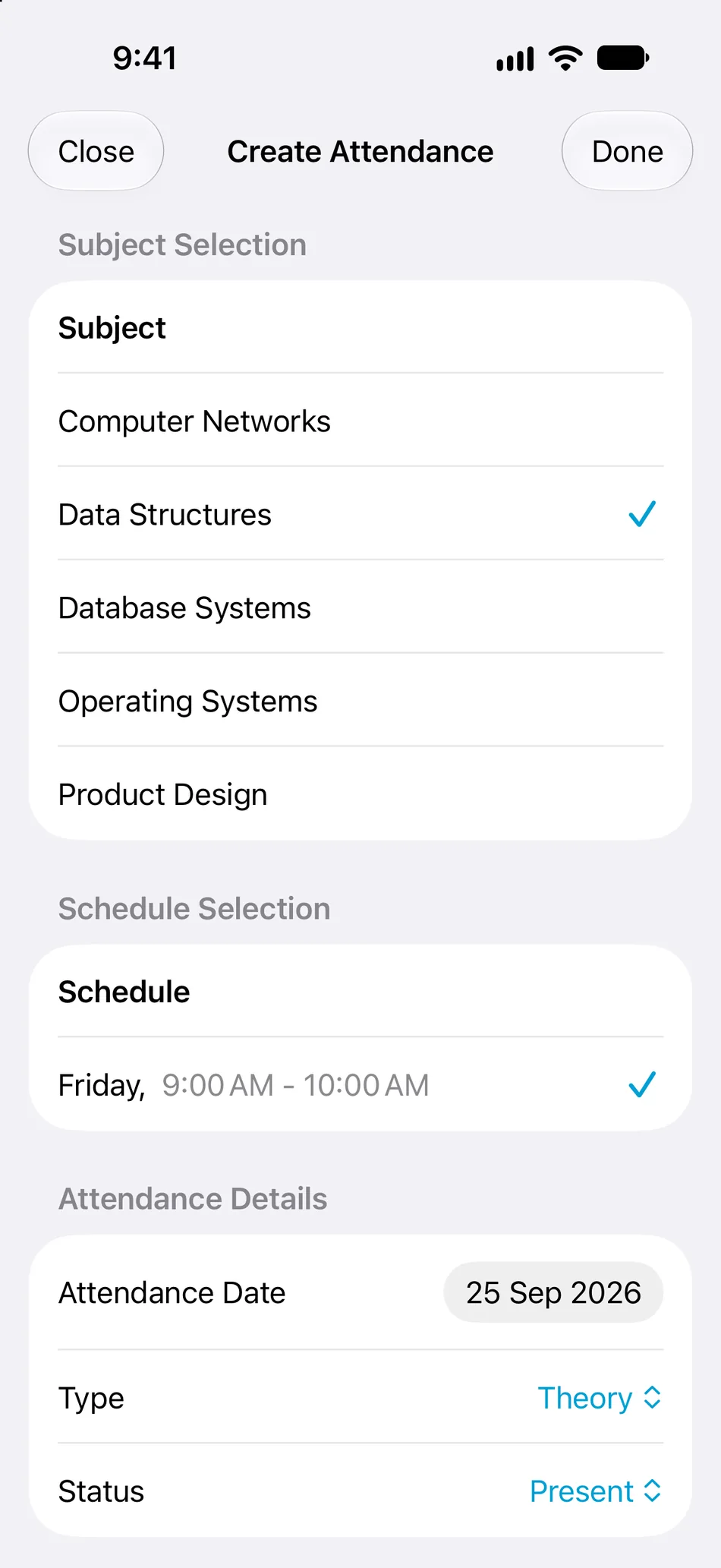 Eda attendance entry form filled for Data Structures