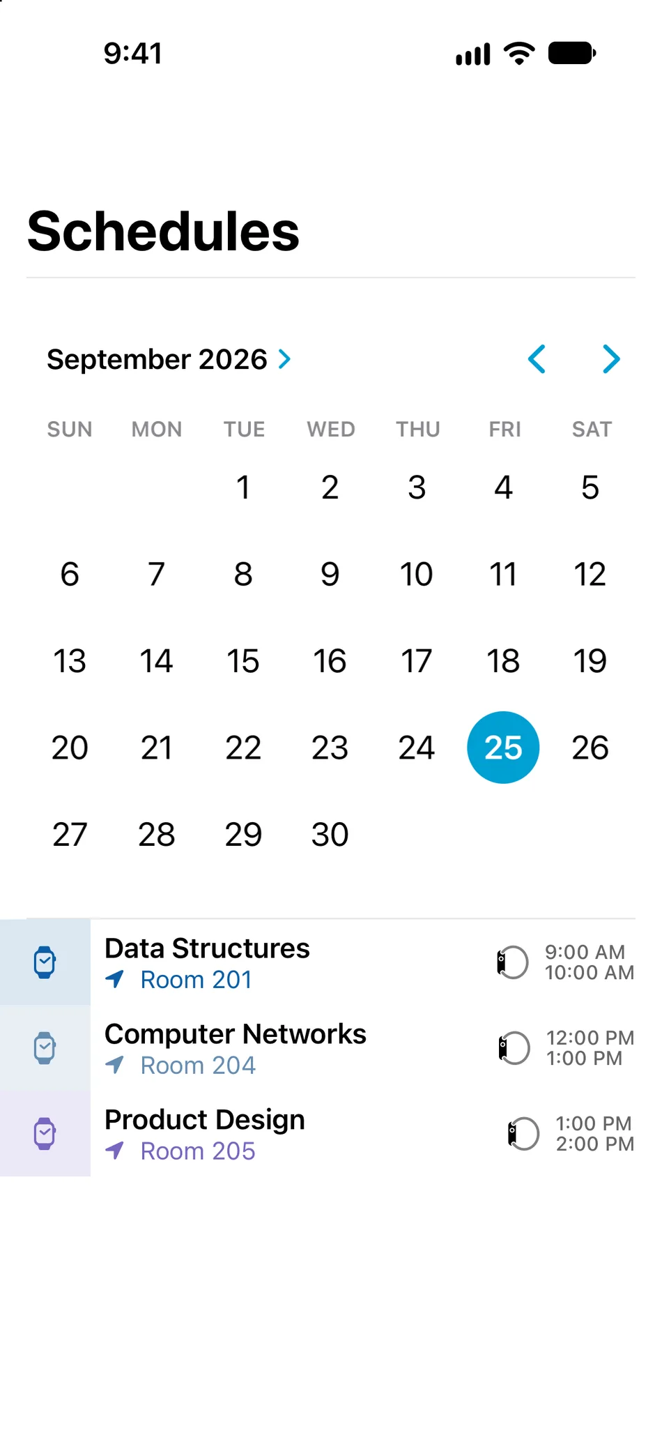 Eda September calendar showing three Friday classes and room numbers
