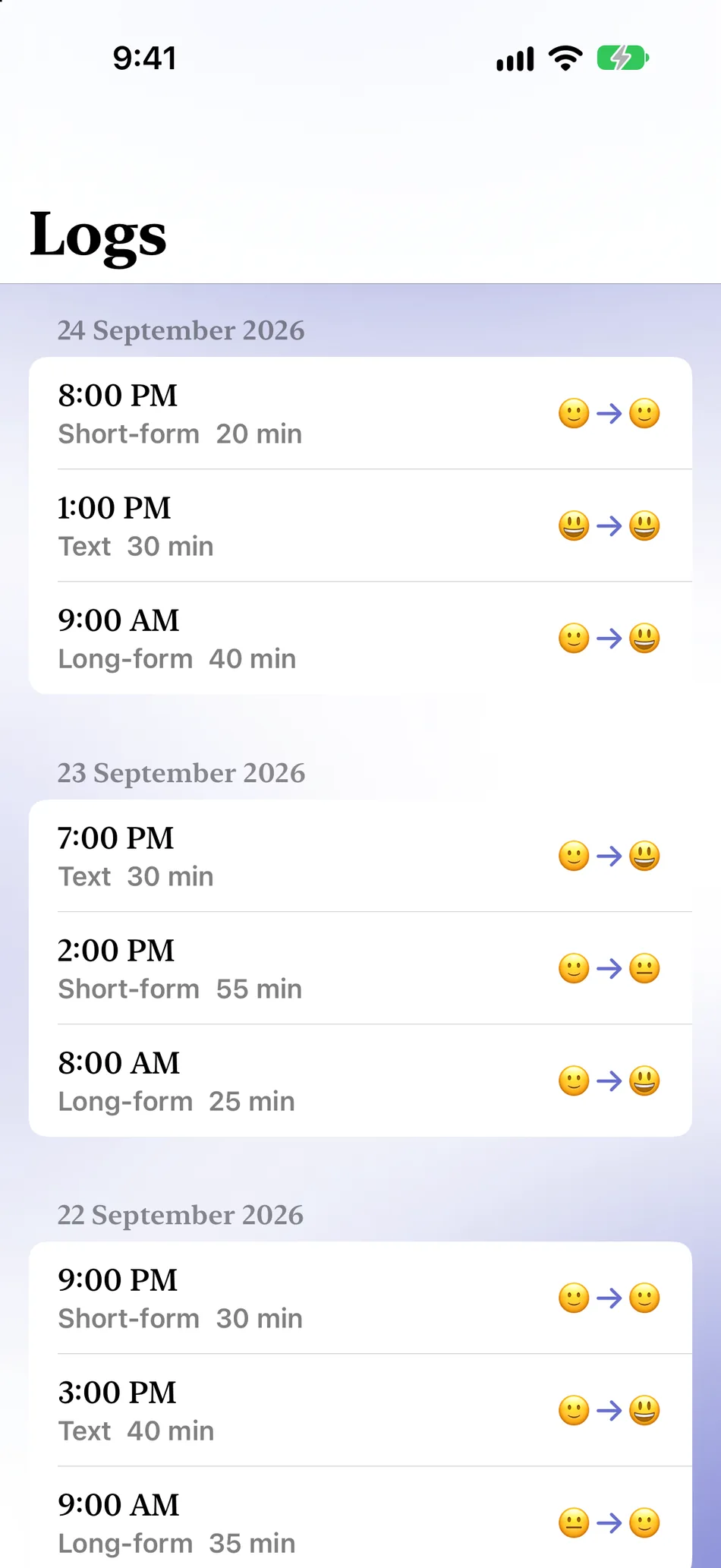 Maniee list of sample social sessions and mood changes