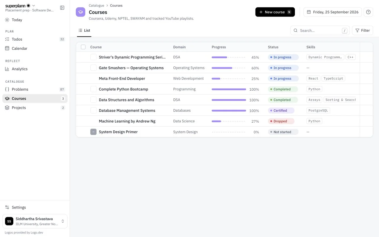 Superplann course list with skills and completion progress