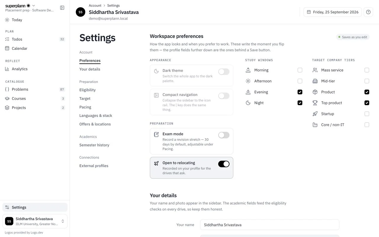 Superplann settings for planning preferences