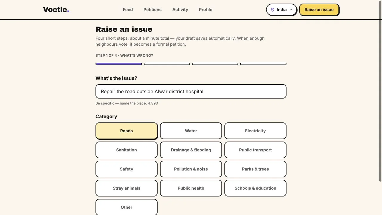 Voetle issue form choosing the problem and category
