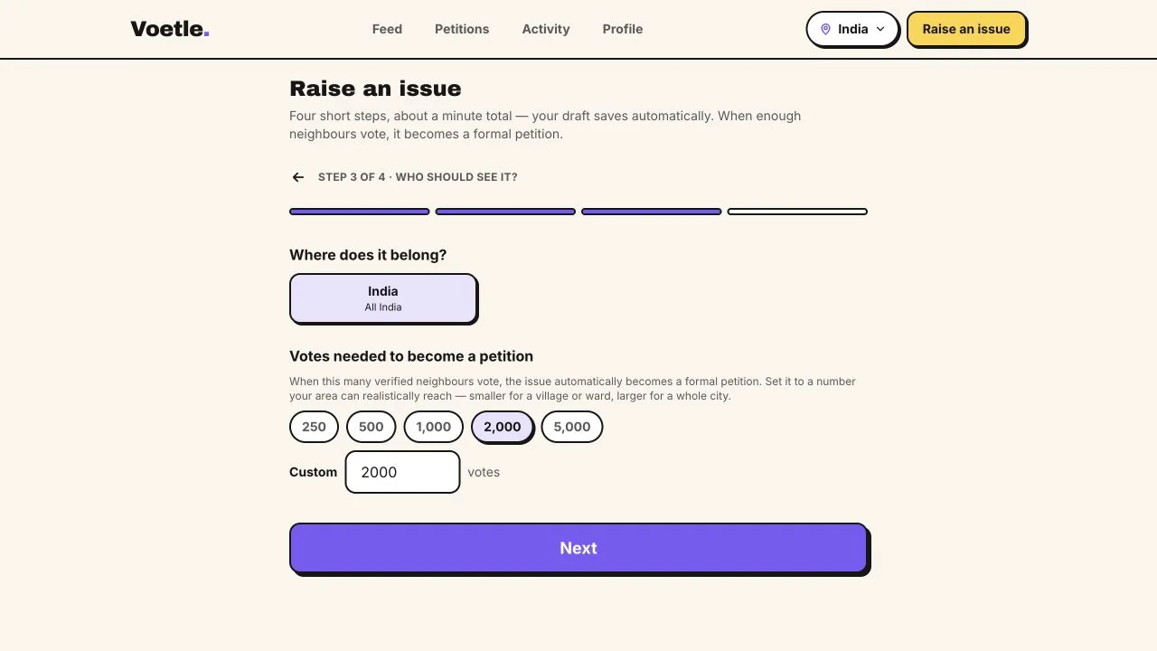 Voetle issue form setting location and a vote threshold