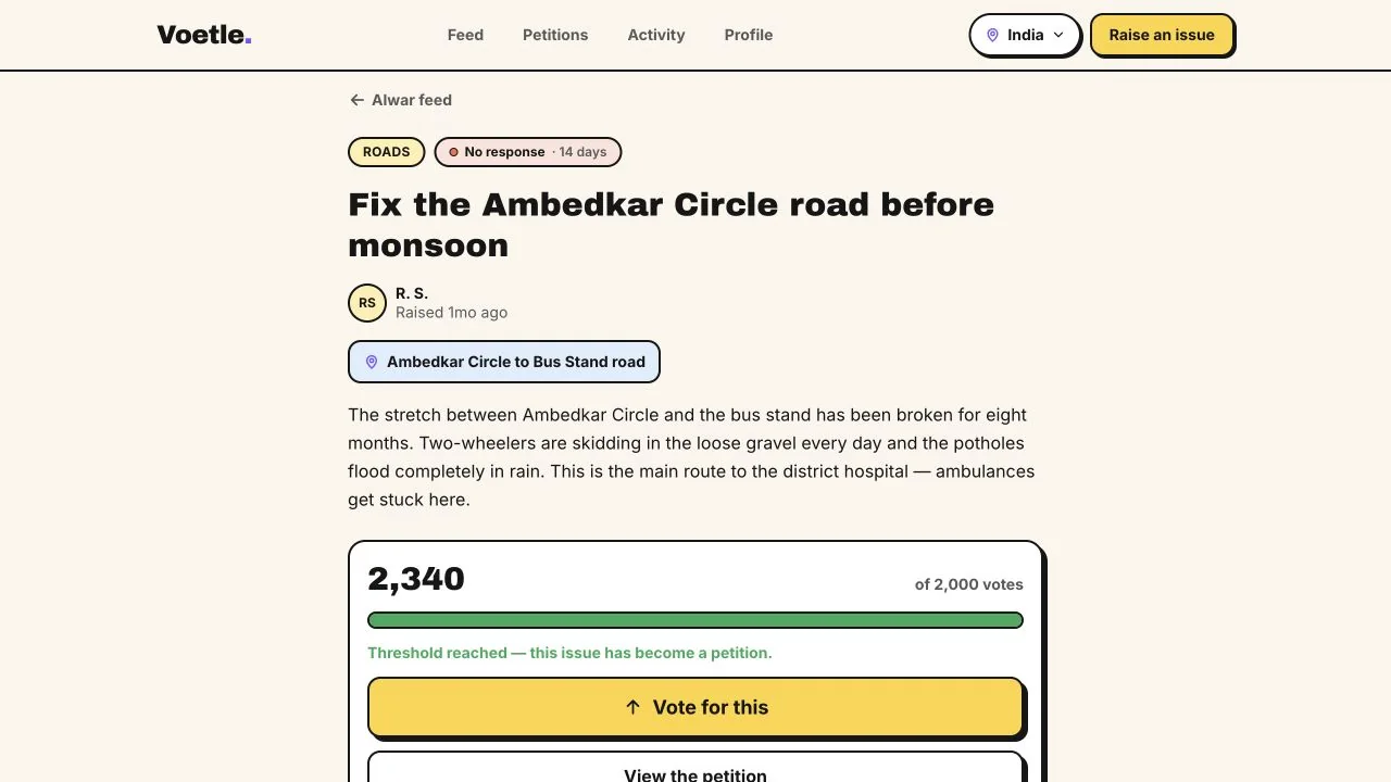 Voetle demo issue detail for a road repair request in Alwar
