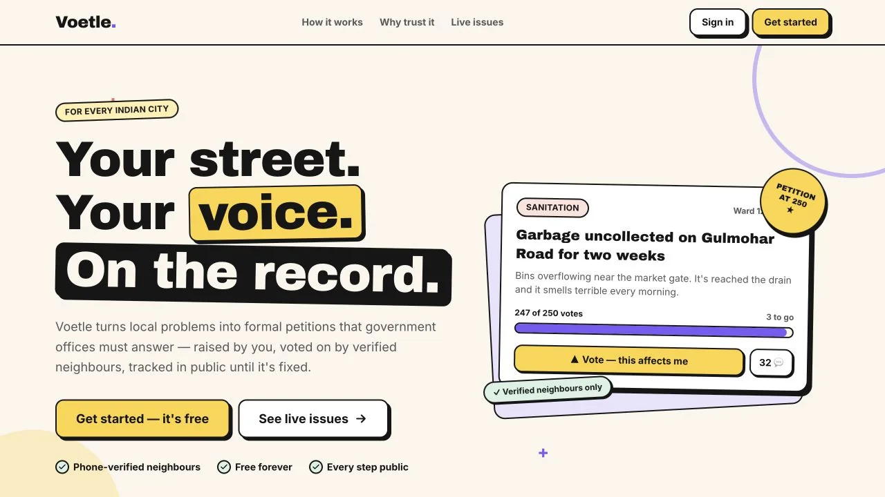 Voetle public landing page explaining its civic petition idea